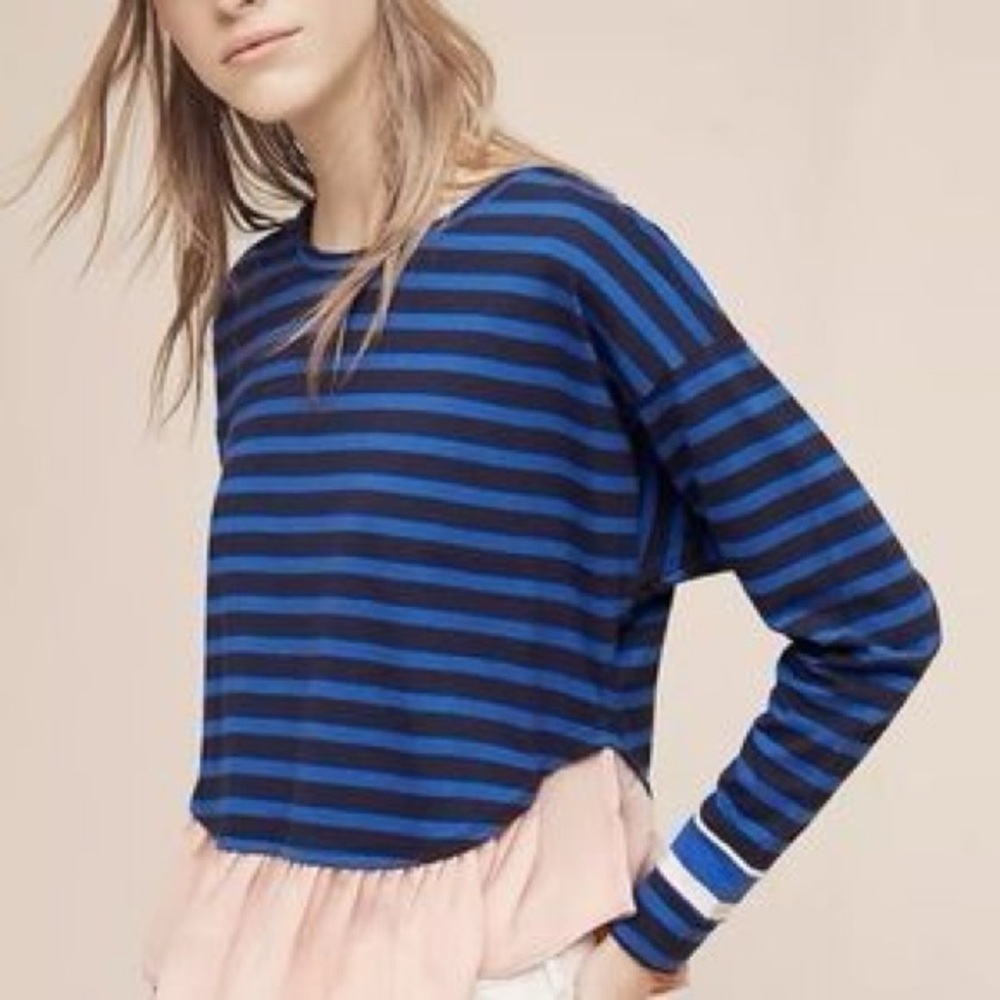 Anthropologie Deletta Blue Striped Ruffle Hem Peplum Long Sleeve Top